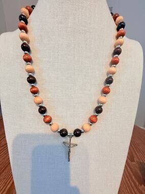 25” Wood Bead Cross Pendant Necklace